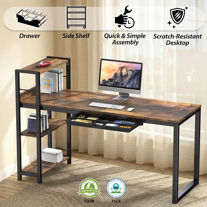 SHW 46-Inch Home Office Mission Computer Desk with Side Shelf and Drawer, Rustic Brown