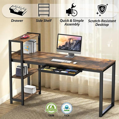 SHW 46-Inch Home Office Mission Computer Desk with Side Shelf and Drawer, Rustic Brown