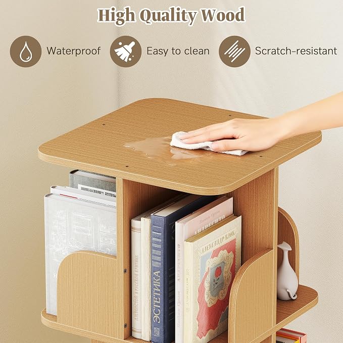 Turosur Rotating Bookshelf, 4 Tier Spinning Bookshelf Tower for Small Space, Kids Bookshelves 360 Display, Revolving Bookcase Floor Standing Storage Rack, Natural