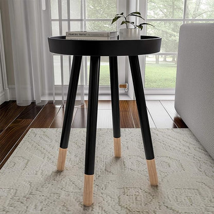 Lavish Home Round End Table – 2-Tone Wooden Mid-Century Modern Stand with Tray Top to Hold Drinks or Display Décor – Accent Table or Nightstand (Black)