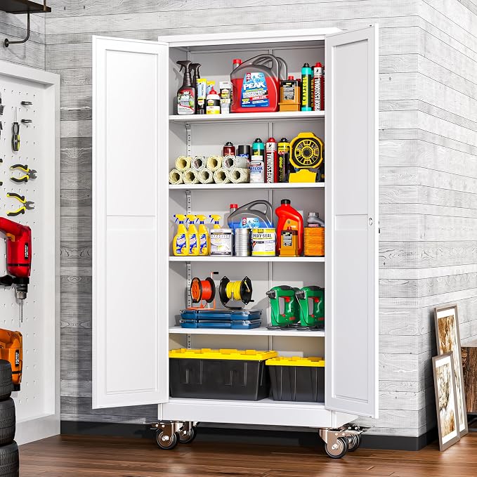 winiowa 71" Tall Metal Garage Storage Cabinet with Wheels, Steel Locking Rolling Tool Cabinet with 4 Adjustable Shelves for Garage,Home,Office (White)