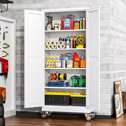 winiowa 71" Tall Metal Garage Storage Cabinet with Wheels, Steel Locking Rolling Tool Cabinet with 4 Adjustable Shelves for Garage,Home,Office (White)