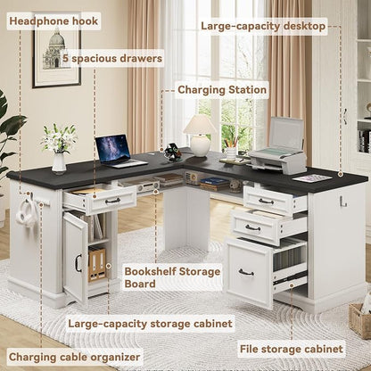 Farmhouse L Shaped Executive Desk with 4 Drawers and Charging Station, Wood Corner Home Office Computer Desk with File Cabinet Storage, Hidden Under Desk Storage Shelf, Headphone Hook - Black+White