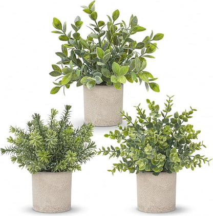 Der Rose 3 Pack Mini Potted Fake Plants Artificial Plastic Eucalyptus Plants Topiaries for Home Office Desk Farmhouse Shelf Room Bathroom Decor(Sage Green)