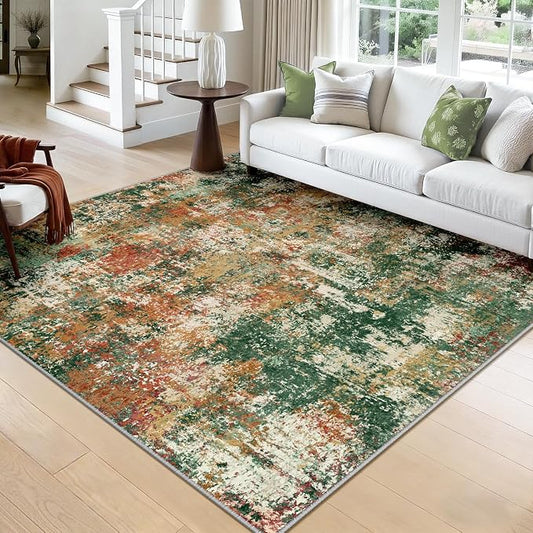 RELEANY Washable Area Rugs Square 8ft Non-Slip Modern Abstract Soft for Living Room Entryway Bedroom Kitchen, Print Pattern, Green Orange Rust Red Cream Colorful