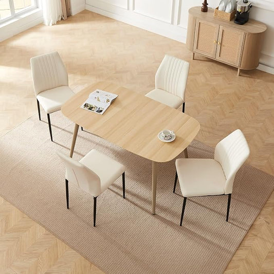 HIPIHOM 55.1" Modern Dining Table Set for 4, Scratch-Resistant Wood Table with 4 Black Leather Chairs, Stylish & Durable Dining Room Furniture, Space-Saving Kitchen Table Set for Family & Apartment