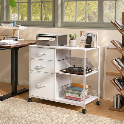 DEVAISE 3 Drawer Mobile File Cabinet, Rolling Printer Stand with Open Storage Shelf, Fabric Lateral Filing Cabinet fits A4 or Letter Size for Home Office, White