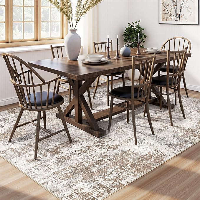 UERMEI 8x10 Washable Area Rug - Neutral Modern Abstract Living Room Rugs, Non-Slip Soft Large Indoor Floor Carpet for Bedroom Home Office & Under Dining Table Decor, Brown/Grey/Red