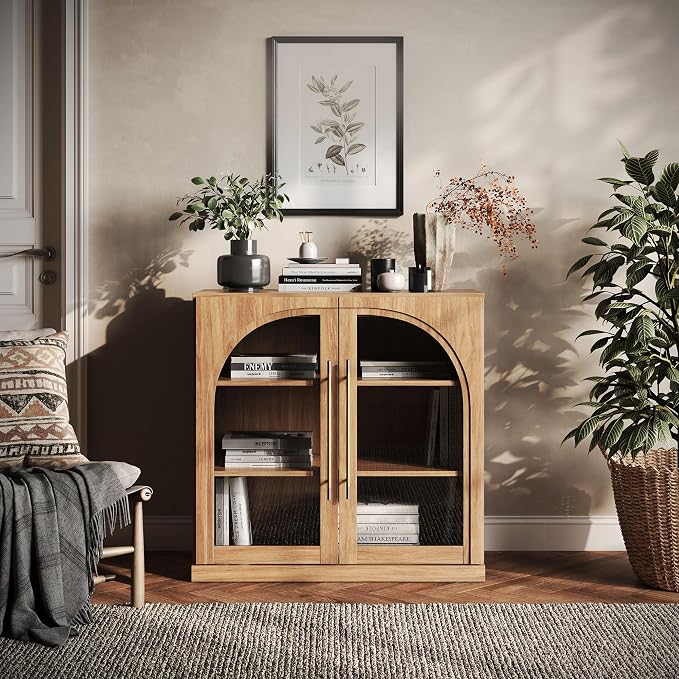 BELLEZE 32.5" Kitchen Storage Cabinet with Adjustable Shelves,Freestanding Accent Cabinet with Fluted Arched Design & Gold Handles,Modern Credenza for Living Room,Dining Room,Entryway - Camel
