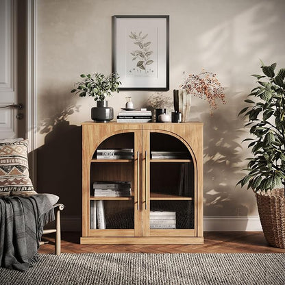 BELLEZE 32.5" Kitchen Storage Cabinet with Adjustable Shelves,Freestanding Accent Cabinet with Fluted Arched Design & Gold Handles,Modern Credenza for Living Room,Dining Room,Entryway - Camel