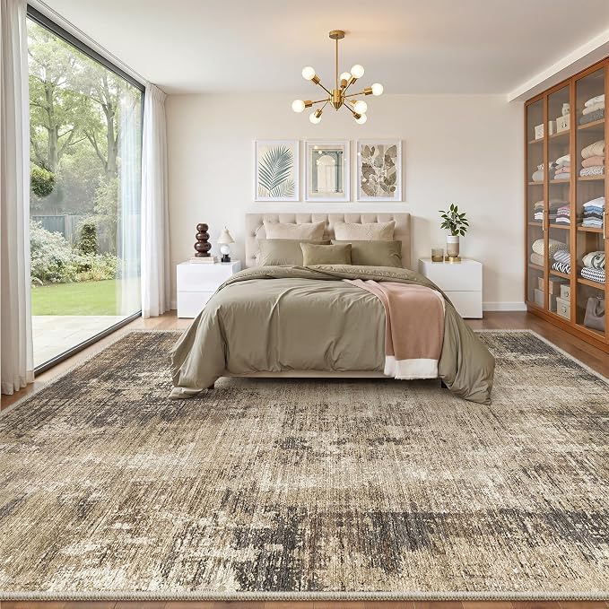 Valenrug Washable Rugs 8x10 - Stain Resistant 8x10 Area Rugs for Living Room, Non Slip Backing Abstract Large Area Rugs for Bedroom, Folable Machine Washable Area Rug(8'x10', Taupe)