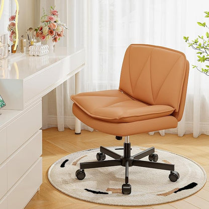 DurayLoly Criss Cross Chair with Wheels, Cross Legged Office Chair with 2 Layer Comfty Leather & Back, Armless Wide Vanity Chair for Home Office, Orange