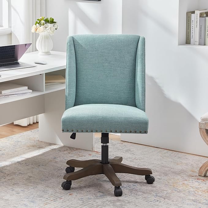 Zihanhome Armless Office Chair with Wooden Legs, Modern Adjustable Upholstered Home Office Desk Chair No Arms Sewing Chair Swivel Chair for Home Office Study Studio (Teal)