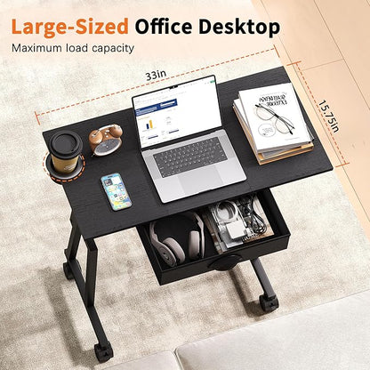 Adjustable Height Standing Desk with Drawer, Rolling Sit to Stand Up Desk with Wheels Height 31.5"-43.3" Small Mobile Laptop Standing Desk for Treadmill Walking Pad, Movable Classroom Podium (Black)