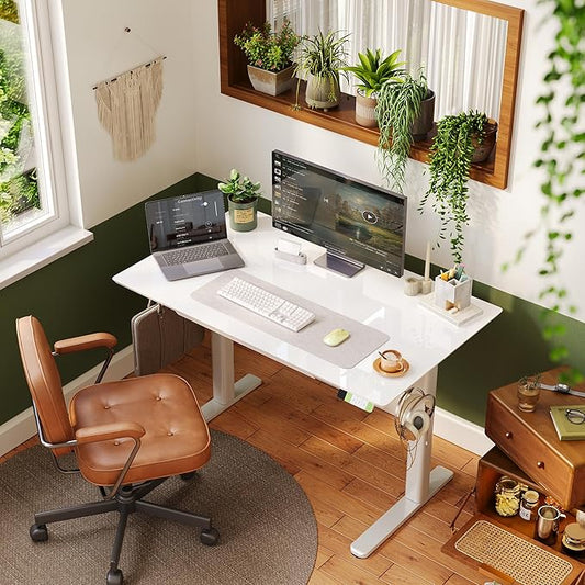 INNOVAR INNVAR Glass Standing Desk with Drawers, 48×24 Inch Adjustable Stand Up Desk Quick Install Home Office Computer Desk, Super White