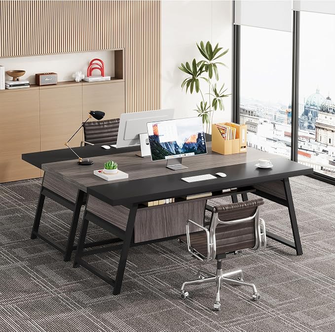 63-inch Executive Desk with Storage Shelf, Large Home Office Desk with Metal Frame & LED Light, Long Computer Desks for Home Office, Gray and Black