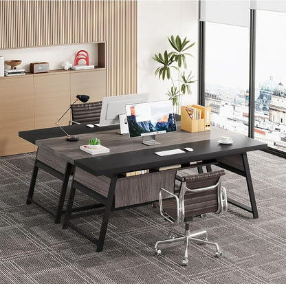63-inch Executive Desk with Storage Shelf, Large Home Office Desk with Metal Frame & LED Light, Long Computer Desks for Home Office, Gray and Black