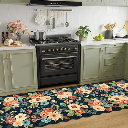 DUKINO 2.6x10 Runner Rug for Hallway, Lightweight Washable Floral Kitchen Rug with Non Shedding, Soft Low Pile & Non Slip Backing Boho Runner for Entryway, Bathroom, Laundry, Bedroom, Navy Blue
