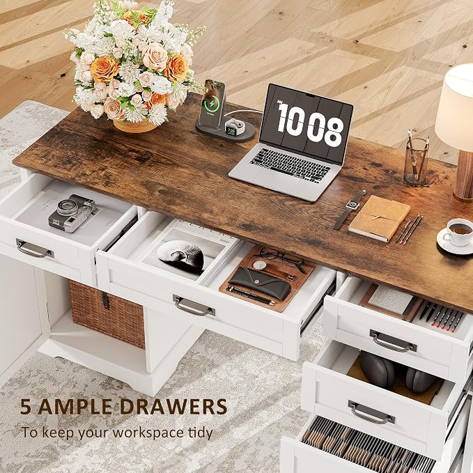 Whalefall 55'' Farmhouse Desk Home Office with Drawers, White | Executive Computer Desk with File Cabinet and Charging Station, Wooden Small Desk with Locking Drawers Storage