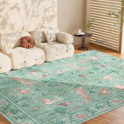 DUKINO 6x9 Rug, Washable Animal Living Room Rug with Non Slip Vintage Design, Soft Low Pile Large Carpet for Bedroom, Nursery, Dining Room, Farmhouse, Playroom, Teal