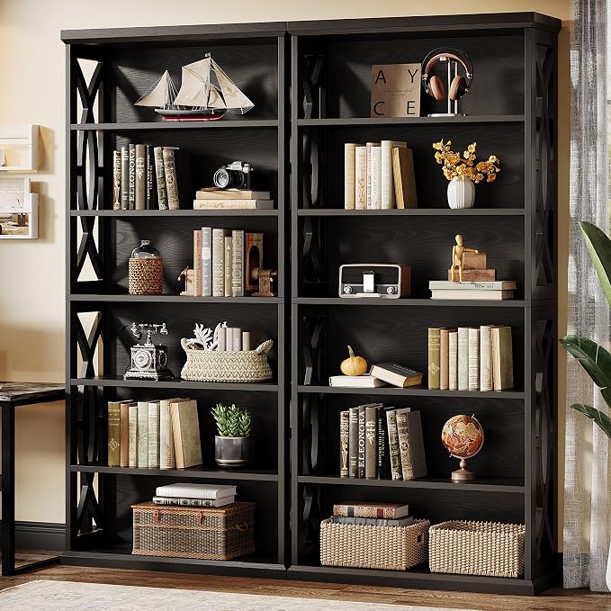 Tribesigns 6-Tier Bookshelf, 71 Inches Tall Freestanding Bookcase, Large Industrial Bookshelves Display Shelves, Wooden Book Shelf for Home Office, Living Room, Bed Room, Black, 2pcs