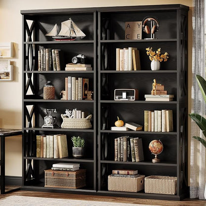 Tribesigns 6-Tier Bookshelf, 71 Inches Tall Freestanding Bookcase, Large Industrial Bookshelves Display Shelves, Wooden Book Shelf for Home Office, Living Room, Bed Room, Black, 2pcs