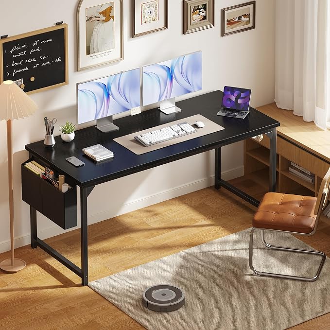 OLIXIS 63 Inch Computer Desk for Home Office, Writing Study Craft Gaming Table, Modern Computer Workstation with Storage Bag and Headphone Hook for Bedroom Small Spaces, Black