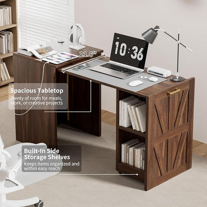 Folding Desk with Storage and Charging Station, Pull-Out Desk Cabinet with Spacious Desktop, Foldable Computer Table for Small Space, Walnut