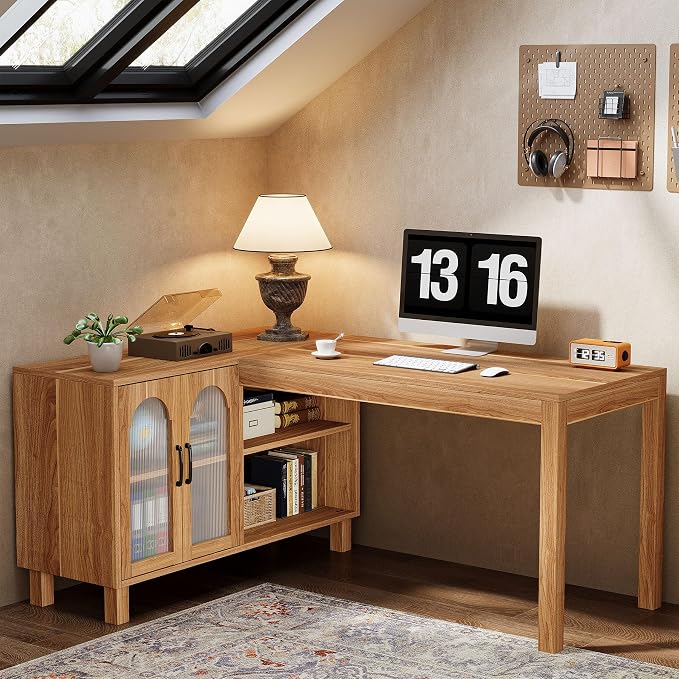 Tribesigns 59-Inch L-Shaped Desk with File Cabinet & Shelves, Brown | Executive Office Desk with Storage, Wooden Computer Writing Desk Corner Desk for Home Office