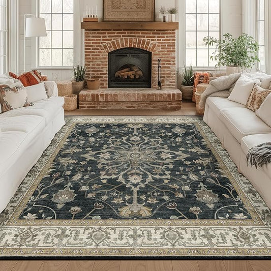 RELEANY Area Rugs Square 8ft Washable Non-Slip, Floral Vintage Distress Medallion Carpet for Living Room Bedroom Dining Room, Vintage Black Brown Neutral