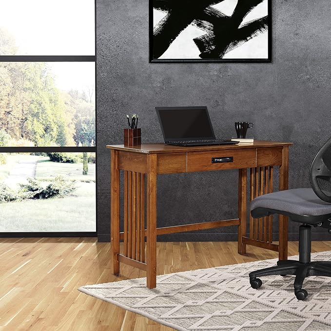 OSP Home Furnishings Sierra Writing Desk with Pull-Out Drawer and Mission Style Side Panels, Ash Brown
