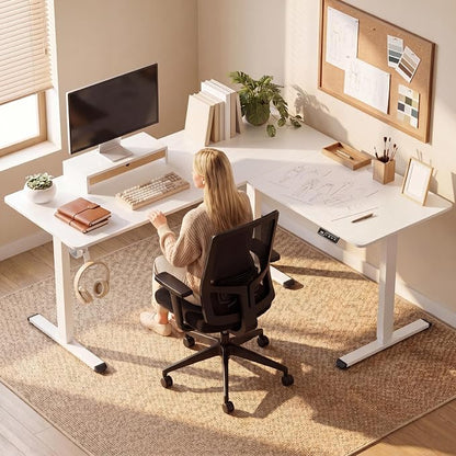 Furmax 63 x 55 Inch L Shaped Standing Desk with 2 Preset Heights, Electric Height Adjustable Computer Table, 2 Hooks & Feet Balance, Corner Sit Stand Desk for Home Office (White, 63 x 55 Inch)