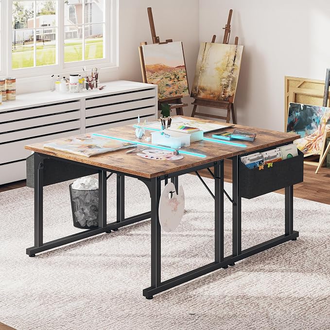 DurayLoly 32" Computer Desk with Waterproof LED Lights,Bedroom Study Desk for Teens,Dorm Room Essentials,Headphone Hook&Storage Bag for Small Spaces,Sturdy Metal Frame,Rustic Brown