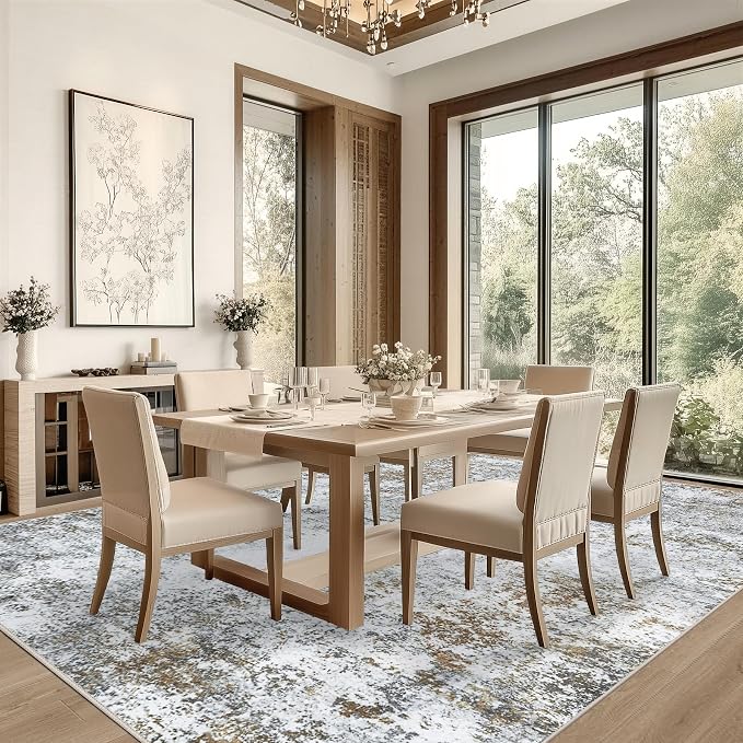 8x10 Area Rug Living Room Rugs - Washable Rug Large Modern Abstract Soft Thin Carpets Indoor Floor No Slip Vintage Carpet for Bedroom Under Dining Table Nursery Home Office Decor Gray Brown