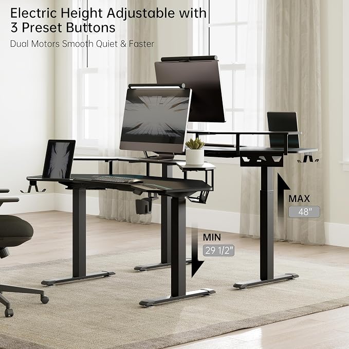 EUREKA ERGONOMIC Gaming Desk Adjustable Height Standing Desk 63" Wing Shaped Music Studio Table Workstation w Full Coverage Mousepad, 3 Stands, Dual Headphone/Cup Holder, Ipad-Slot