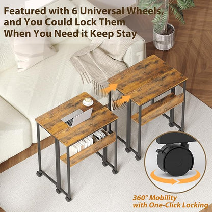 Garvee Folding Desk Small Rolling Desk with Storage Shelf,24.8 Inch Foldable Computer Table for Small Spaces, Space Saving Sofa Table with Wheels for Home Office, Study, Easy Assembly,Walnut