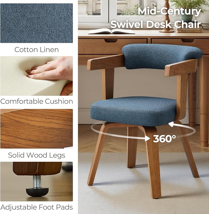 Art Leon Office Chair No Wheels - Mid Century Modern Desk Chair, Fabric Upholstered Accent Arm Chair with Wood Legs for Small Spaces Home Office Living Room Bedroom Study, Off White/Walnut