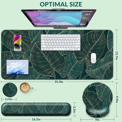 Desk Mat Set + Keyboard and Mouse Pad with Wrist Rest Support,4-in-1 Large Mousepad Computer Mats for Desktop Home & Office-Green Leaves