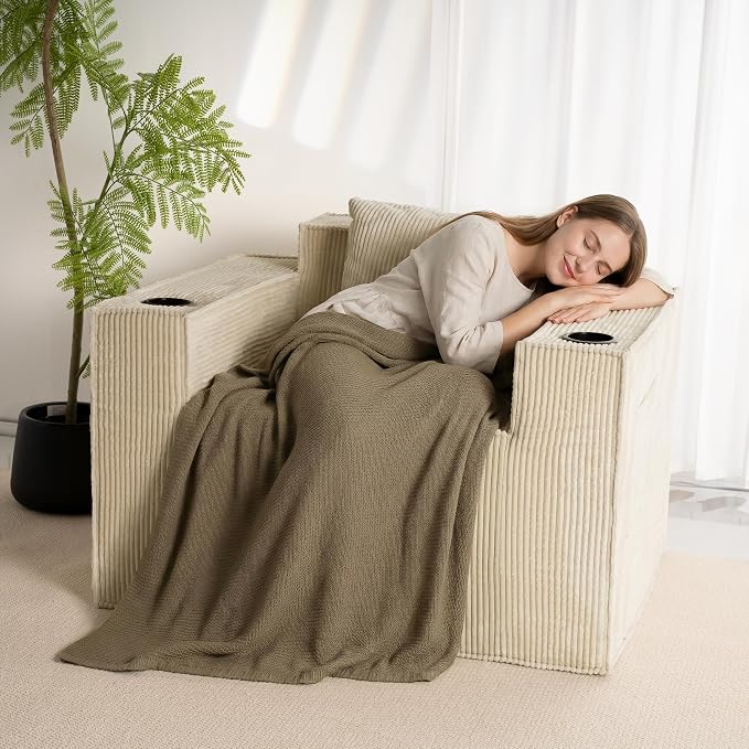 Cloud Single Sofa,Chaise Lounge Chair with Cup Holder & Side Pocket,Elevated Seat Height,No Assembly Required,Boneless Corduroy Chair for Small Space,Bedroom,Office (Khaki, Single Sofa)
