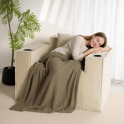 Cloud Single Sofa,Chaise Lounge Chair with Cup Holder & Side Pocket,Elevated Seat Height,No Assembly Required,Boneless Corduroy Chair for Small Space,Bedroom,Office (Khaki, Single Sofa)