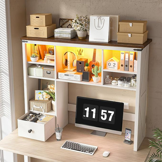EnHomee 38" Wooden Desk Shelf for Top of Desk with LED Lights, Adjustable Desk Hutch Dorm with Drawer & 8 Shelves, Desktop Bookshelf for Dorm, Home, Office,White