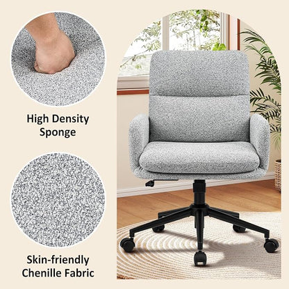 Comfortable Ergonomic Office Chair, Upholstered Desk Chair with Double-Layer Cushioning, Adjustable Height Swivel Task Chair with Padded Armrests, Rolling Wheels and Metal Base, Light Grey