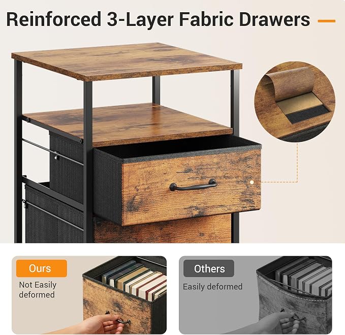 DEVAISE 2 Drawer Mobile File Cabinet, Rolling Printer Stand with Open Storage Shelf, Fabric Vertical Filing Cabinet fits A4 or Letter Size for Home Office, Rustic Brown Wood Grain Print