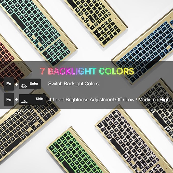 Wireless Backlit Keyboard and Mouse Ultra Slim Combo, TopMate 2.4G Silent Compact 2400DPI Mouse and Scissor Switch Keyboard Set, Batteries Included, for PC/Laptop/Windows/Mac/Gaming - BL Gold Black