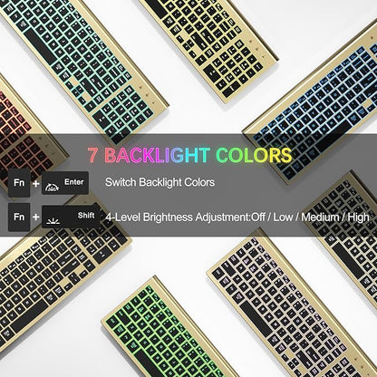 Wireless Backlit Keyboard and Mouse Ultra Slim Combo, TopMate 2.4G Silent Compact 2400DPI Mouse and Scissor Switch Keyboard Set, Batteries Included, for PC/Laptop/Windows/Mac/Gaming - BL Gold Black