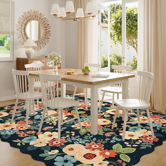 DUKINO 8x10 Area Rug, Floral Washable Rugs for Living Room with Non Slip Backing & Non-Shedding, Lightwight Low Pile Boho Design Large Carpets for Bedroom, Living Room, Dining Room, Navy Blue