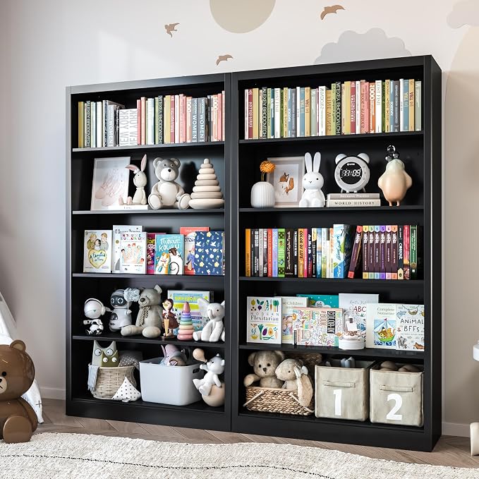 VASAAOSD 55” Black Bookshelf, 5 Tier Adjustable Metal Bookcase | Adjustable Design, Anti-Tilt Device, Easy Assembly Toy Storage Organizer, for Bedroom, Study, Office, Classroom