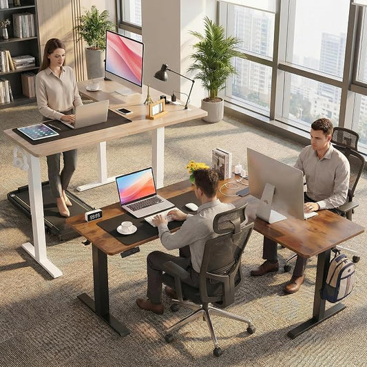 63” L Shaped Standing Desk with Charging Station, Supports Left and Right Swapping, Electric Height Adjustable Corner Stand Up Desk. Free Hook, Lockable Wheels,Mouse Pad,Oak