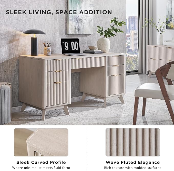 T4TREAM Modern Fluted Executive Desk with Drawers, 60" Home Office Computer Desk with Charging Station & Keyboard Tray, Alder White