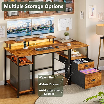 Furologee 51" Computer Desk with Power Outlet and LED Lights, Reversible Home Office Desk with File Cabinet & Monitor Stand, Large Gaming Table with Storage Shelves & Drawer, Rustic Brown